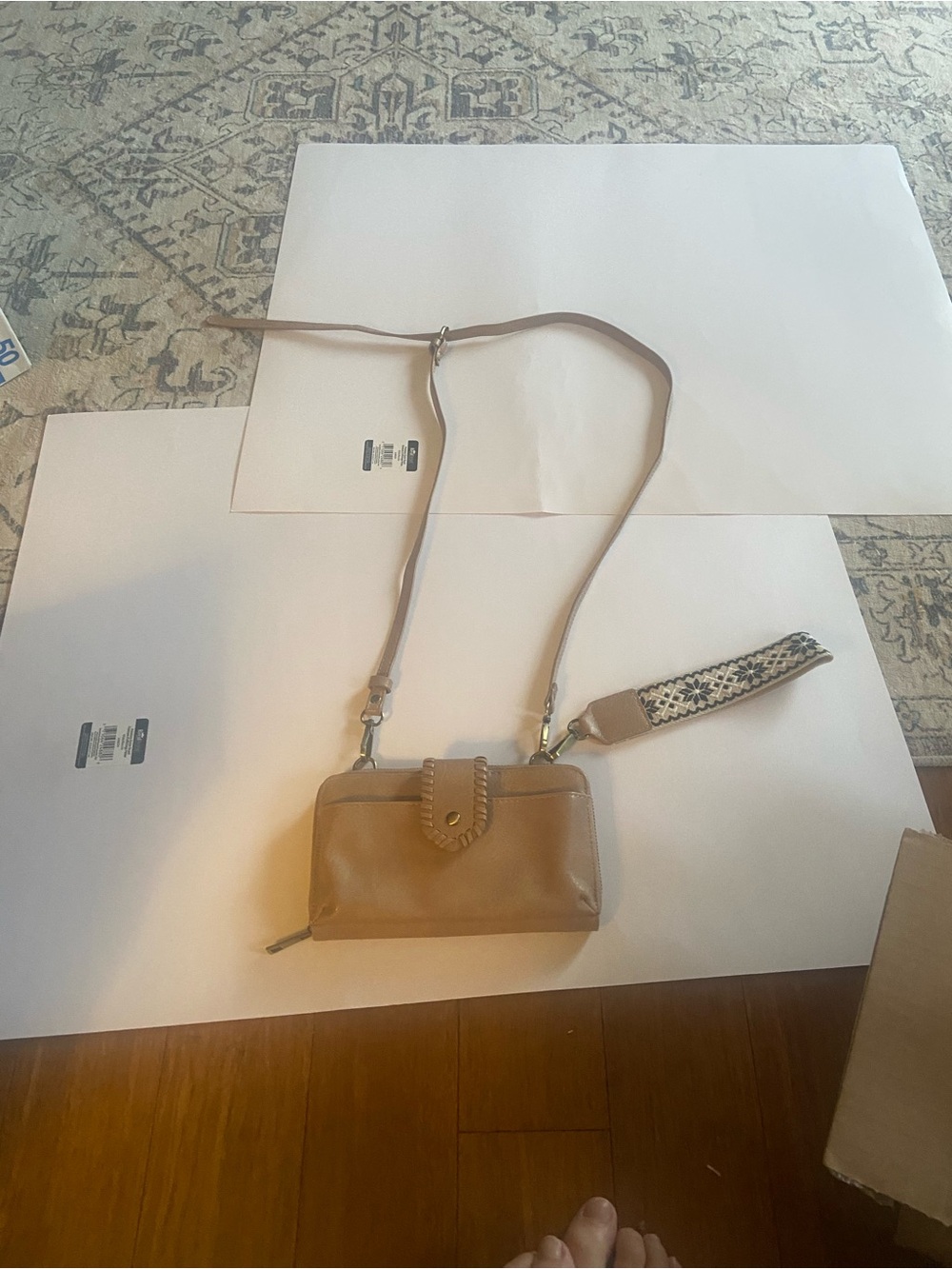 Women's Tan Leather Crossbody Wallet with Patterned Wristlet Strap